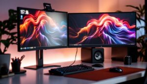 A photograph of capture a photograph of a sleek multi-monitor vesa mount setup