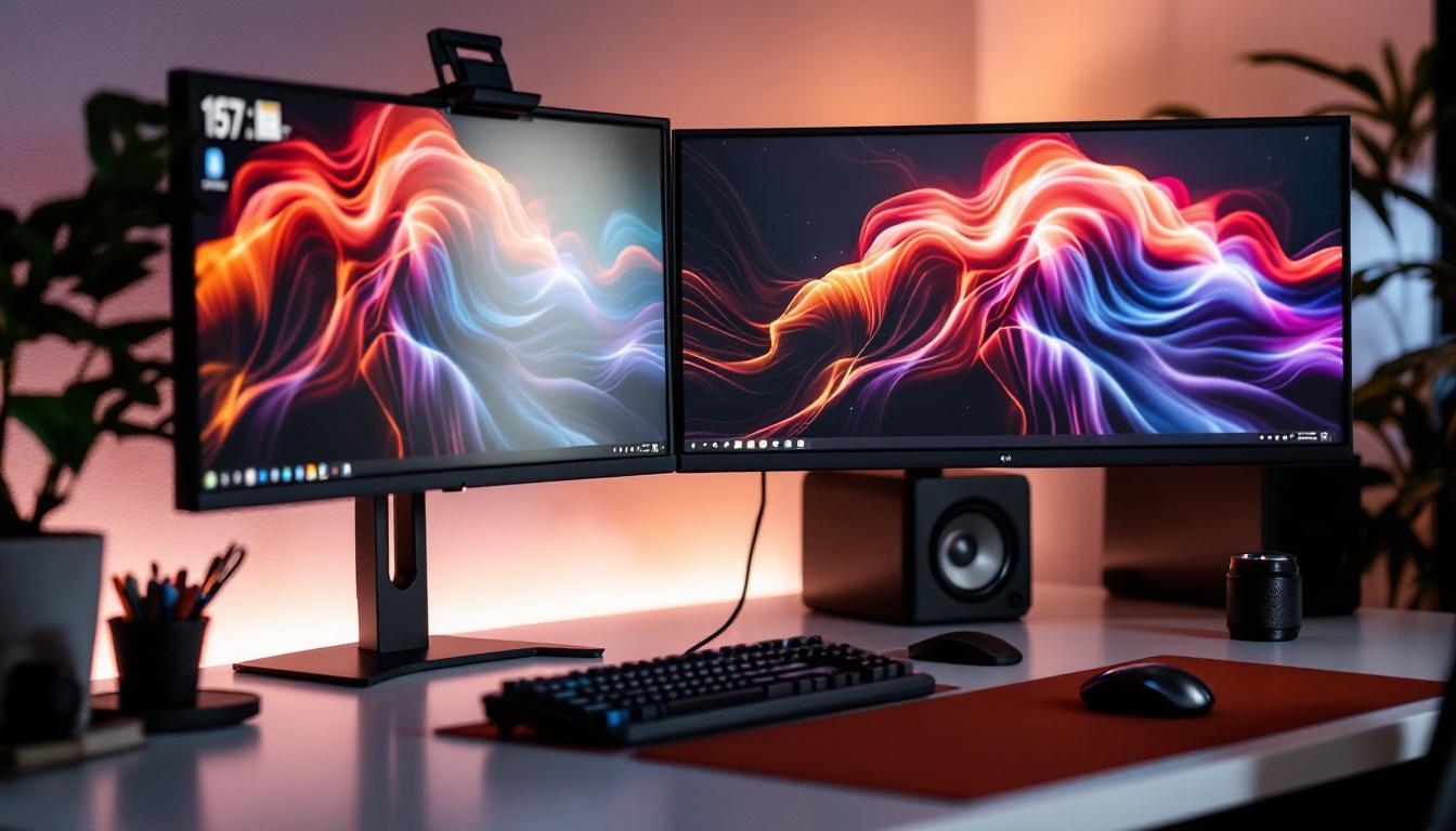 A photograph of capture a photograph of a sleek multi-monitor vesa mount setup