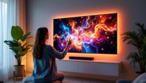 A photograph of capture a photograph of a modern interactive touch screen tv displaying vibrant led visuals