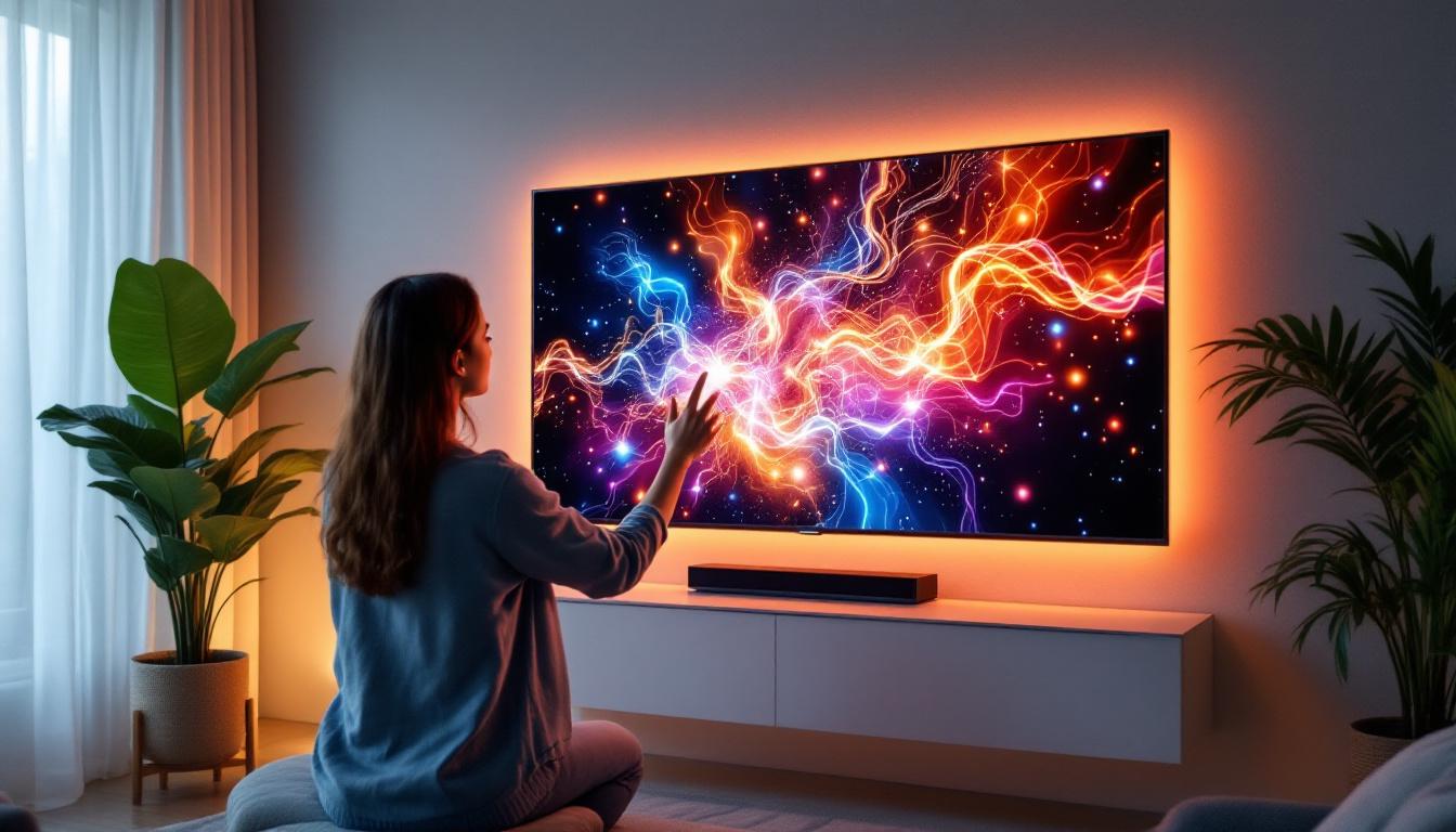 A photograph of capture a photograph of a modern interactive touch screen tv displaying vibrant led visuals