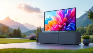 A photograph of a stylish weatherproof outdoor tv cabinet with an led display