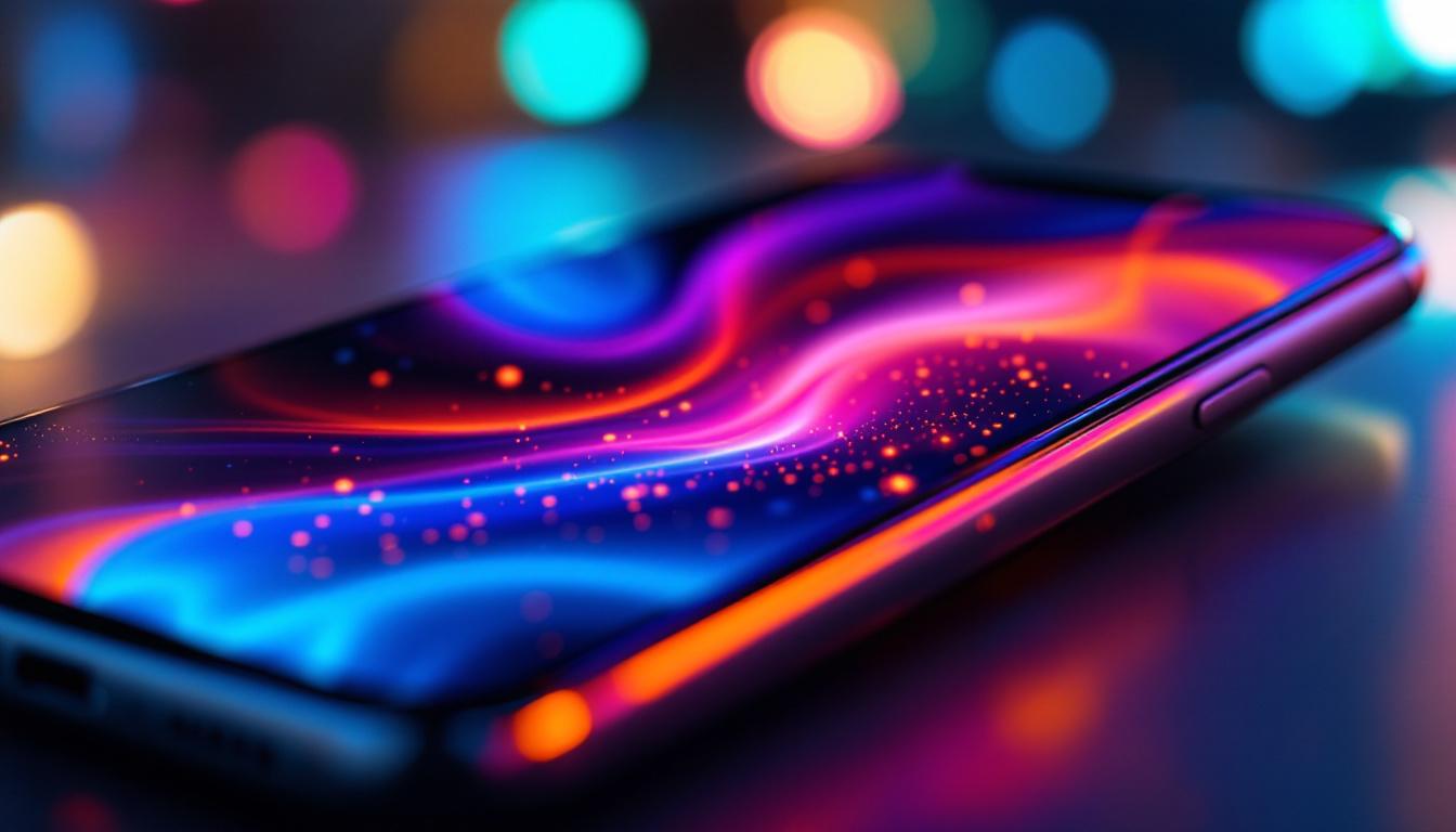 A photograph of a close-up shot of a smartphone's lcd screen displaying vibrant colors and intricate details