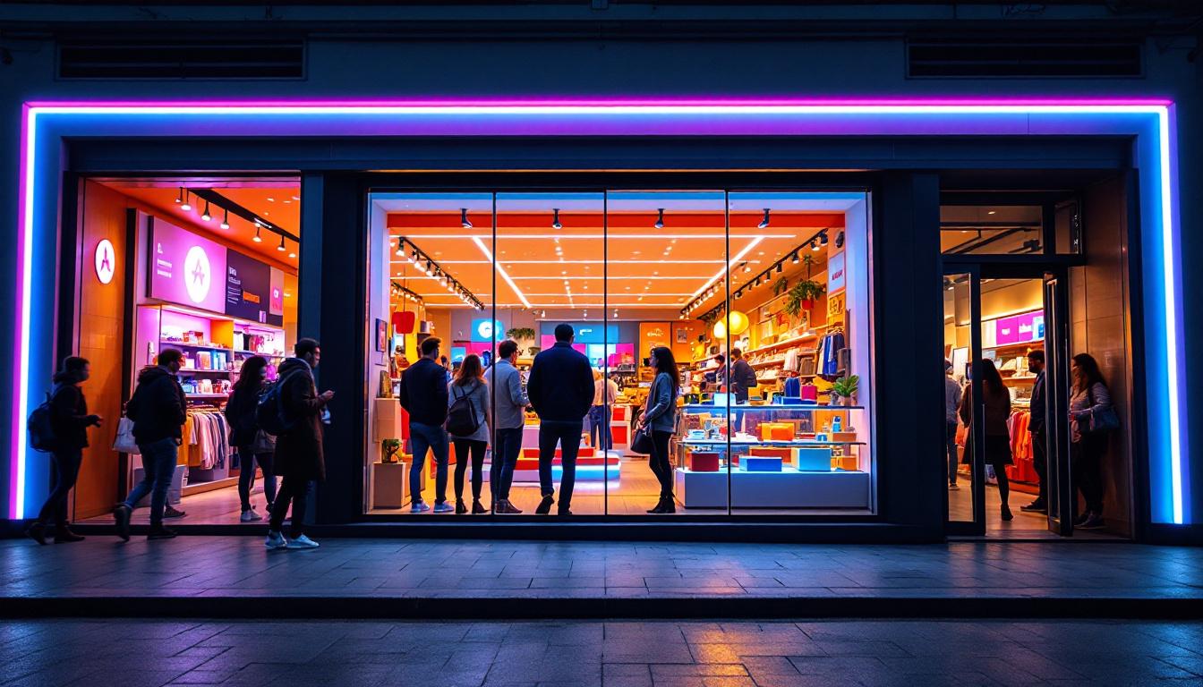 A photograph of a vibrant storefront illuminated by eye-catching led lights