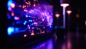 A photograph of a close-up shot of a vibrant led display in a dimly lit environment