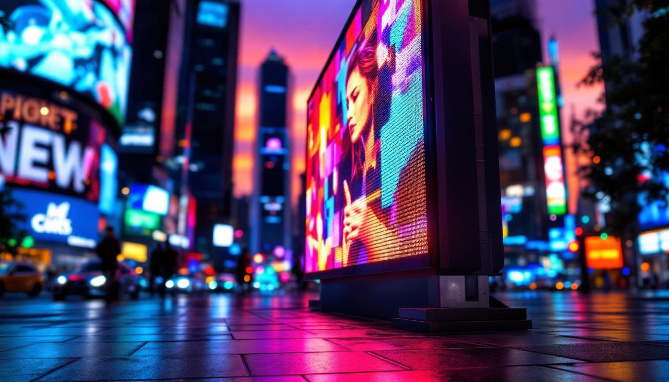 A photograph of a vibrant led display in a dynamic urban setting