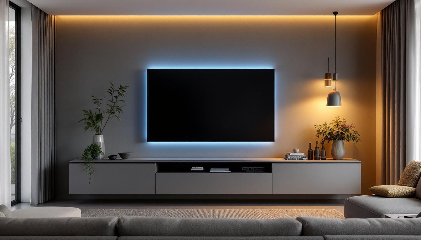 A photograph of a stylish wall unit featuring an integrated led display