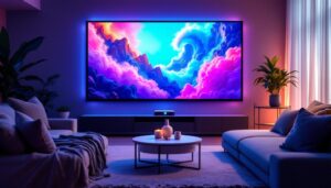 A photograph of a sleek indoor setup featuring an led projector displaying vibrant visuals on a high-quality projector screen