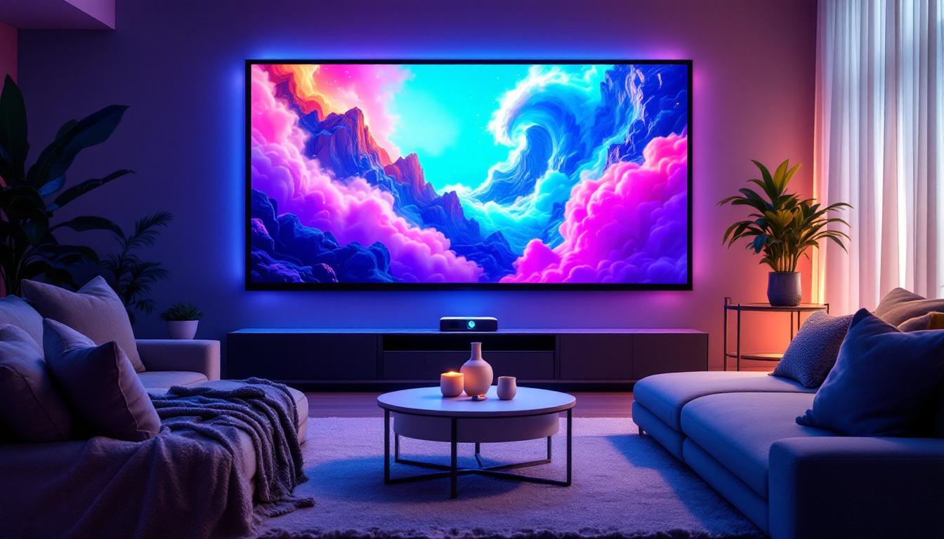A photograph of a sleek indoor setup featuring an led projector displaying vibrant visuals on a high-quality projector screen