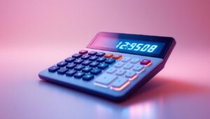 A photograph of a big desktop calculator with a clear led display