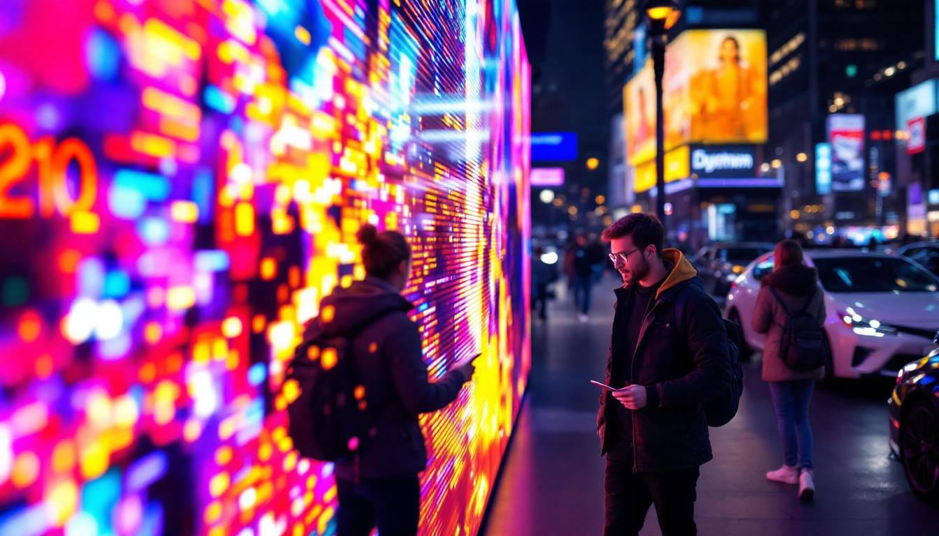 A photograph of a vibrant led display in a dynamic urban setting