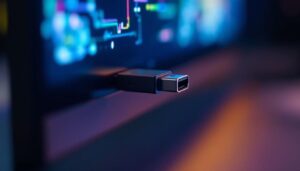 A photograph of a close-up view of a displayport connection on a led display