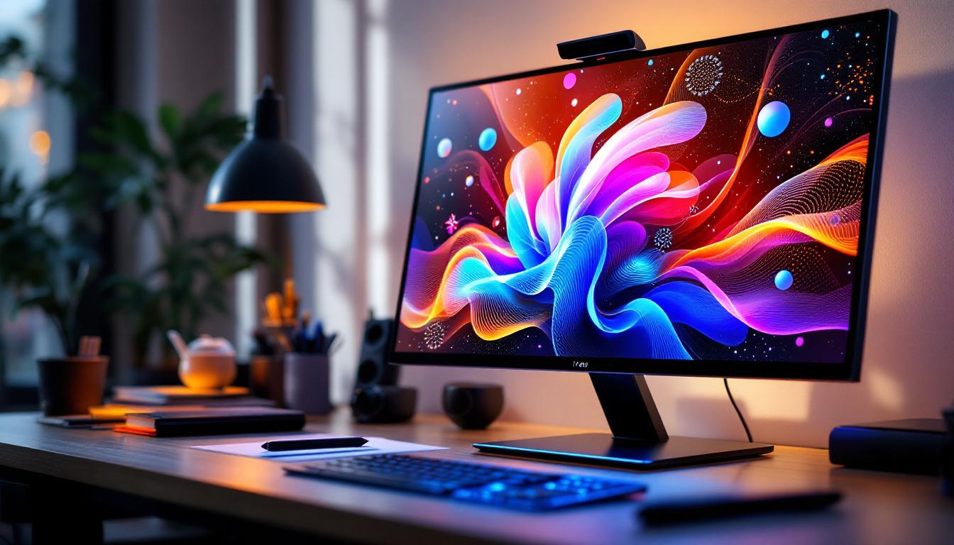 A photograph of a sleek touch screen monitor displaying vibrant graphics