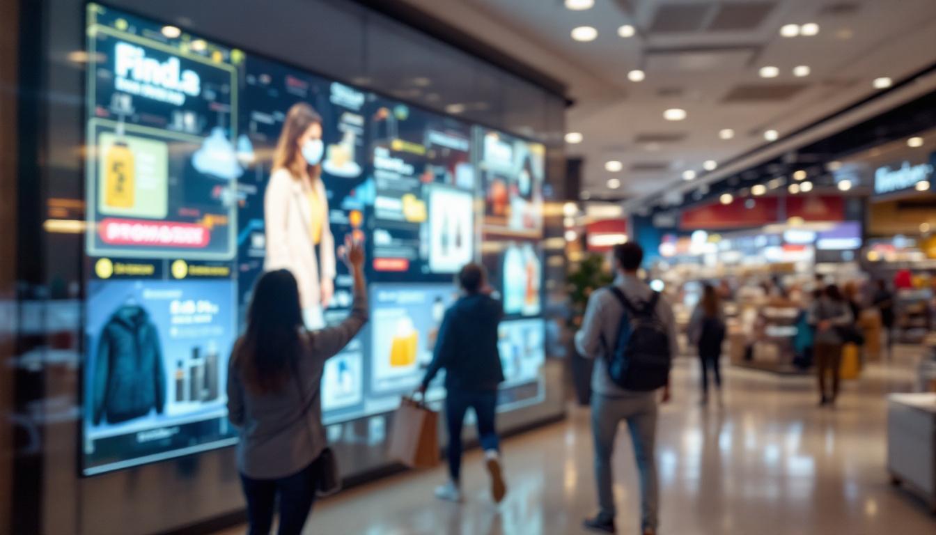 A photograph of a vibrant retail environment showcasing an engaging led display that highlights product promotions