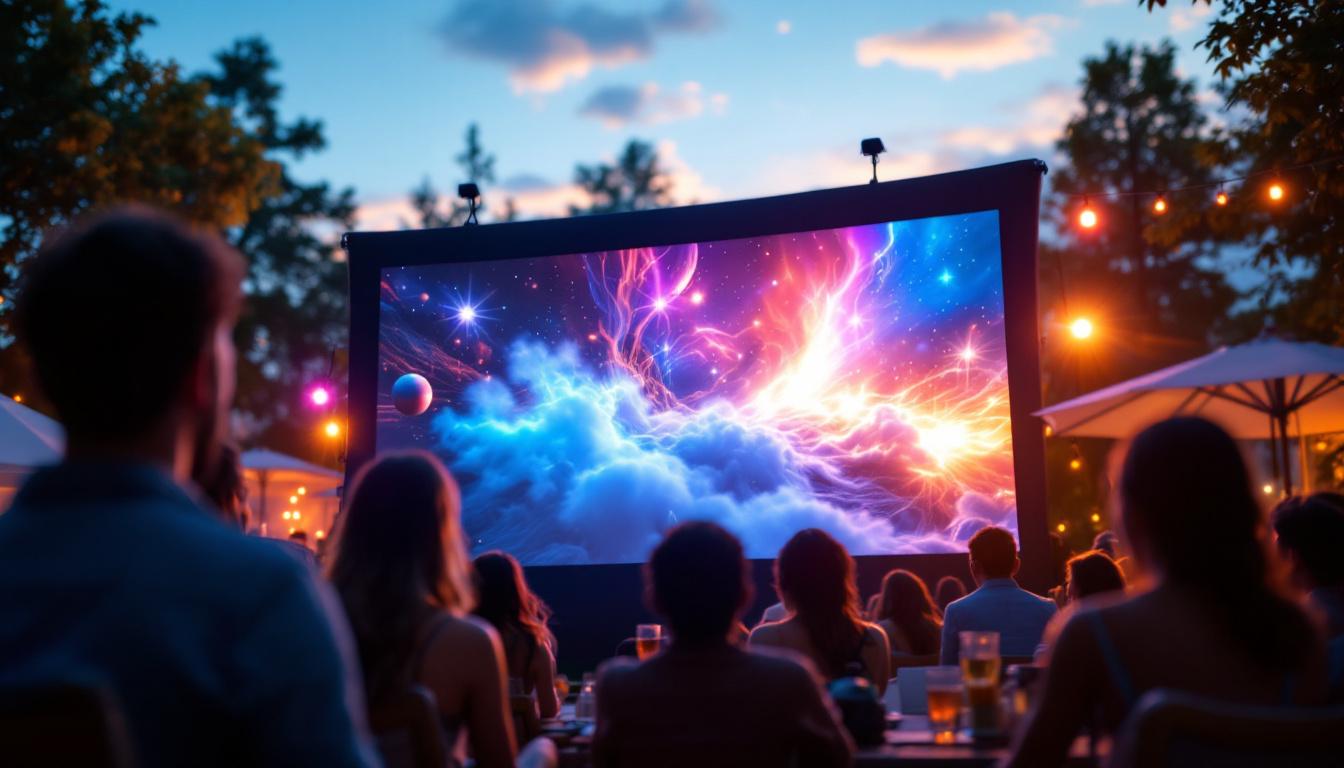 A photograph of a vibrant outdoor setting featuring a large led projector screen displaying a captivating image