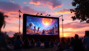 A photograph of a vibrant outdoor setting featuring a large led projector screen in use