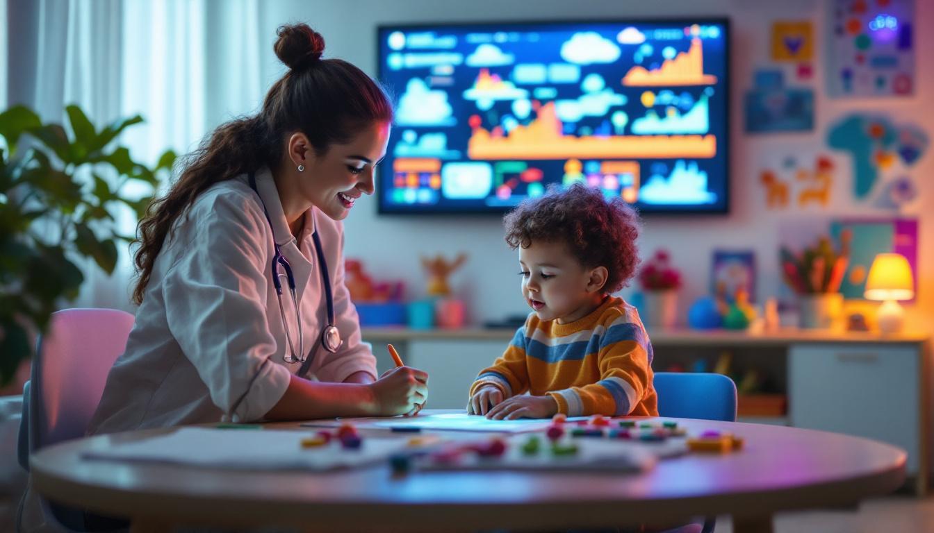 A photograph of a speech-language pathologist (slp) working with a child in a bright
