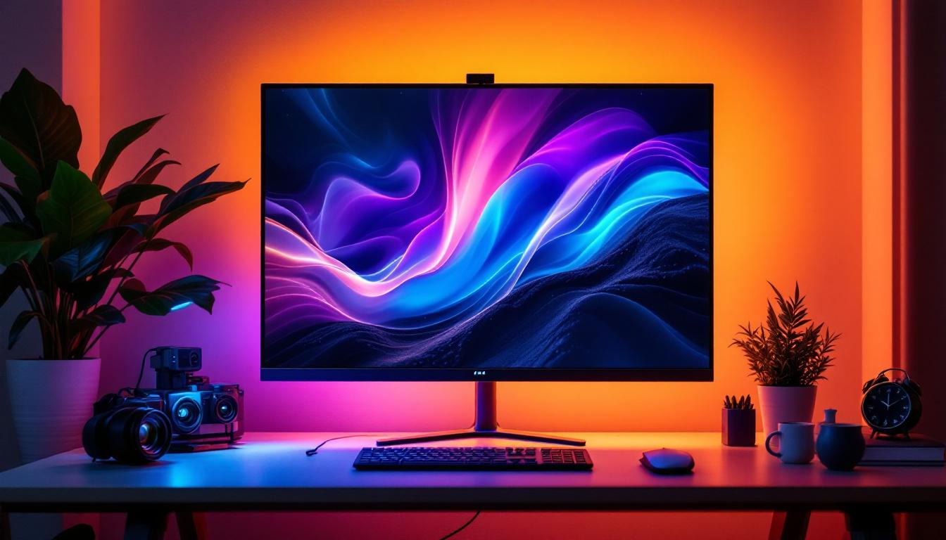 A photograph of a sleek led tv set up as a computer monitor on a stylish desk