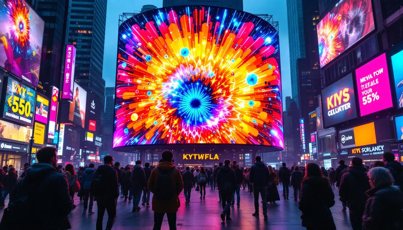 A photograph of a vibrant and dynamic led display in a bustling urban setting