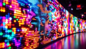 A photograph of a vibrant led display showcasing dynamic visuals