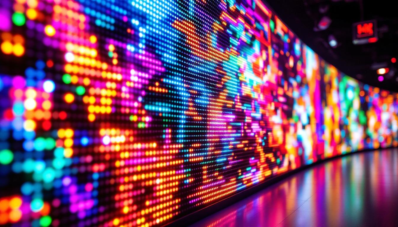 A photograph of a vibrant led display showcasing dynamic visuals