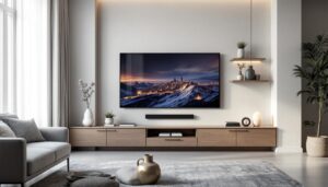 A photograph of a stylish entertainment center wall unit designed for an 85-inch tv