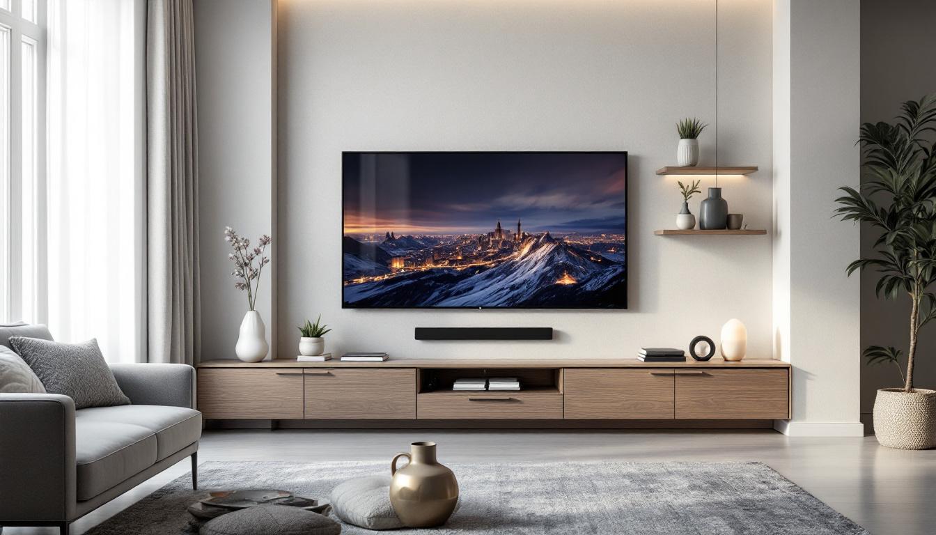 A photograph of a stylish entertainment center wall unit designed for an 85-inch tv