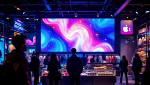 A photograph of a vibrant retail environment showcasing an eye-catching led display sign