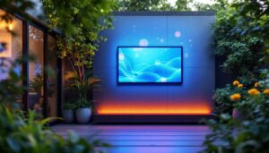 A photograph of a beautifully designed outdoor privacy screen featuring an integrated led display
