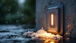 A photograph of capture a photograph of a toggle switch weatherproof cover with an illuminated led display in an outdoor setting