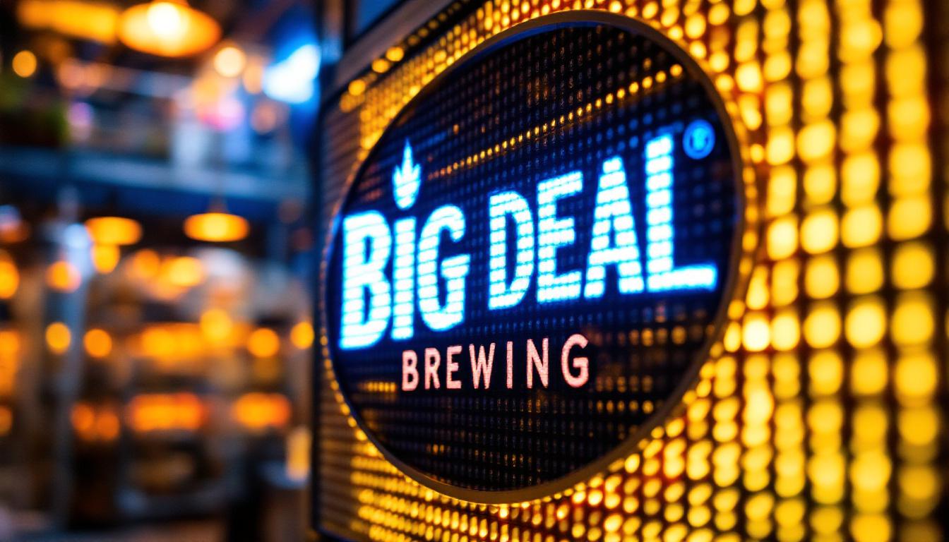 A photograph of a close-up shot of a vibrant led display showcasing the big deal brewing logo