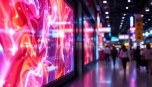 A photograph of a vibrant led display in a bustling retail environment