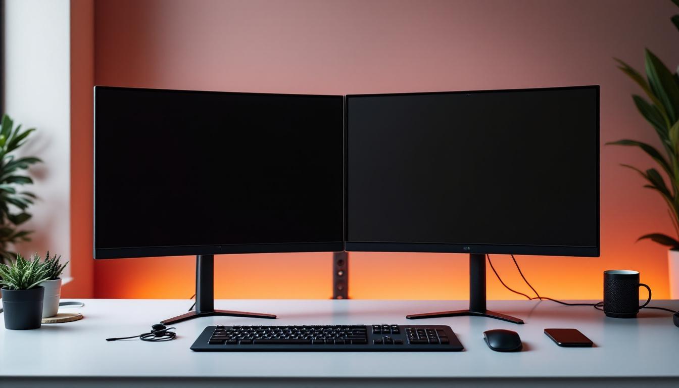A photograph of a sleek dual monitor setup on a stylish desk