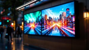 A photograph of a vibrant led display showcasing two dynamic videos side by side