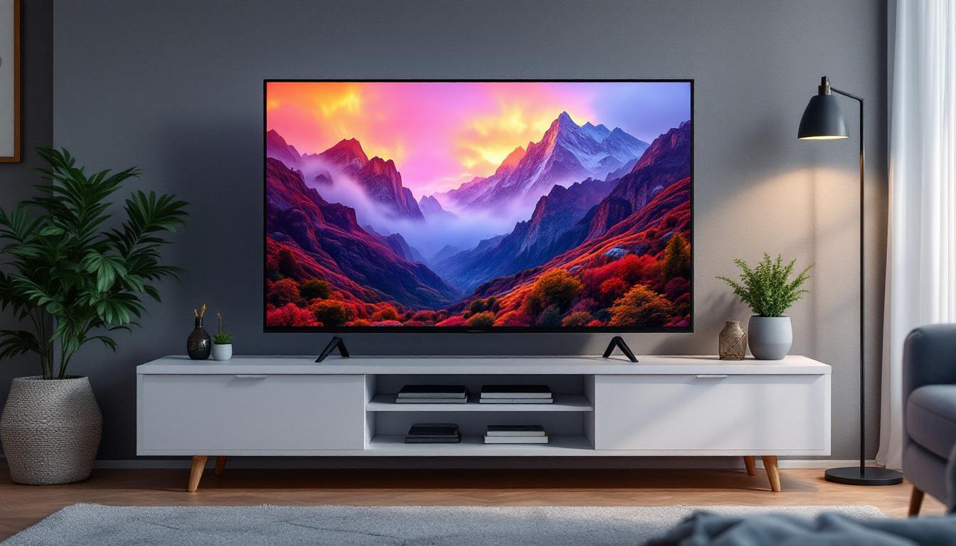 A photograph of capture a photograph of a stylish living room setup featuring a modern plasma tv stand with an led display