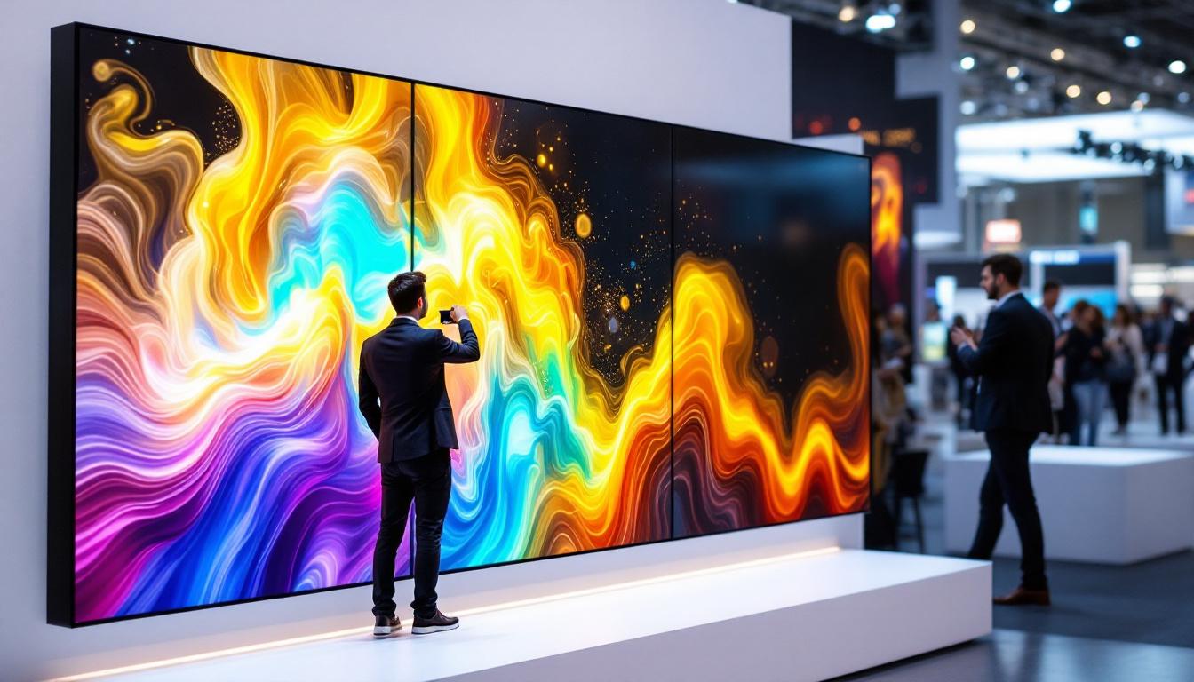 A photograph of a vibrant 3-panel led display board in use at a trade show or event