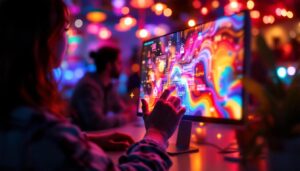 A photograph of a sleek 15-inch led touch screen display in an engaging setting