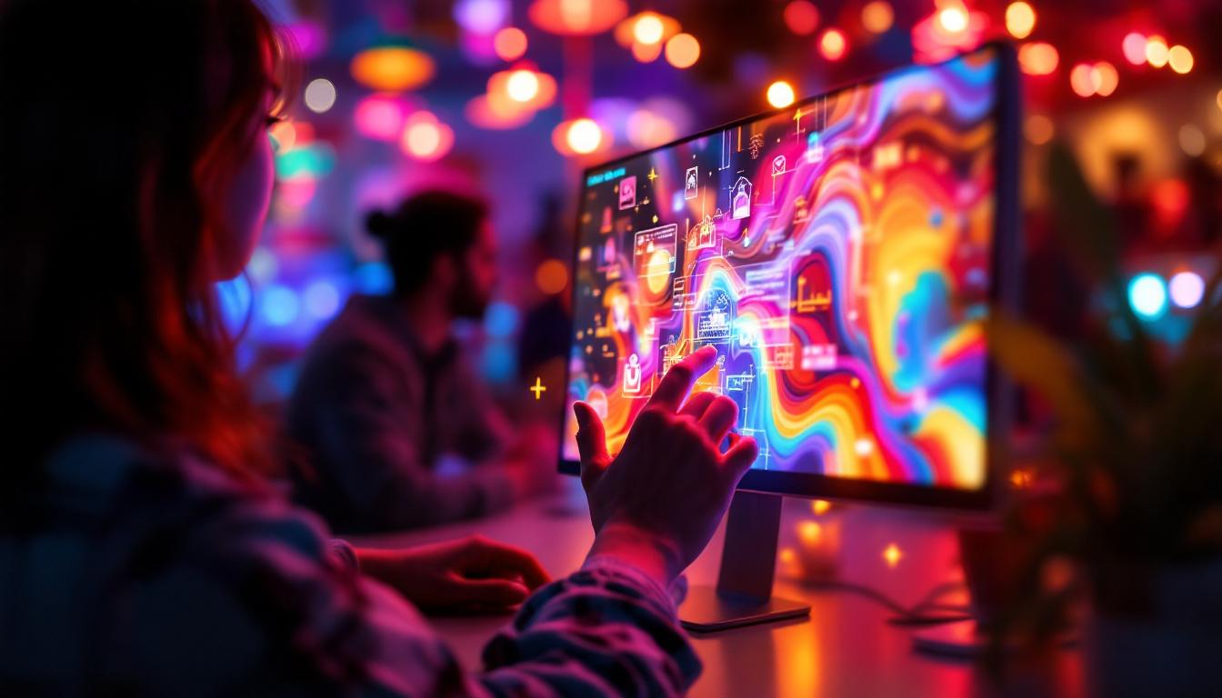 A photograph of a sleek 15-inch led touch screen display in an engaging setting