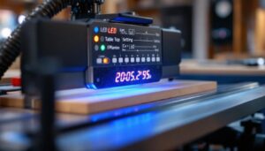 A photograph of capture a photograph of a table top planer in action