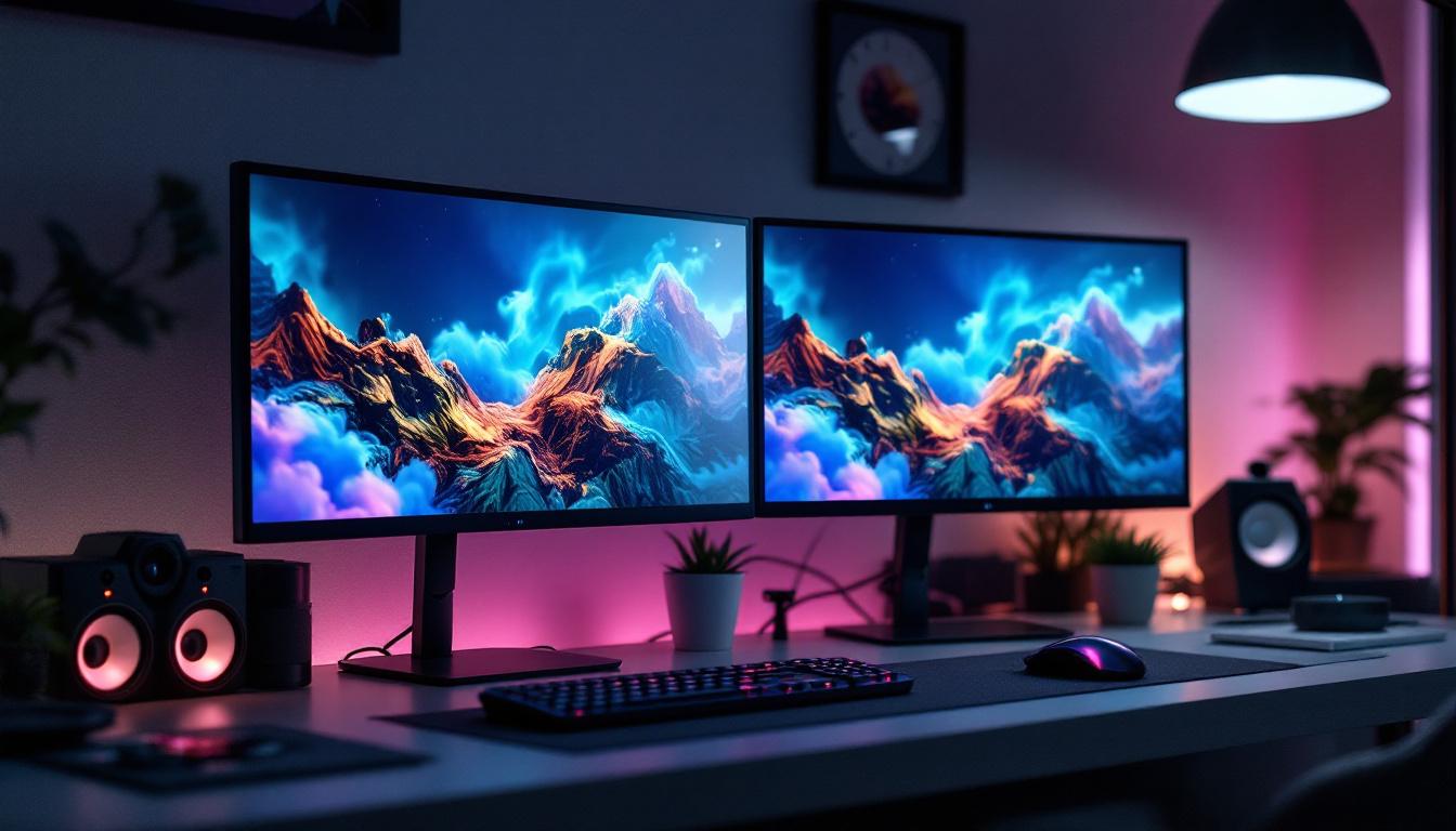 A photograph of capture a photograph of a sleek dual display mount setup featuring two vibrant led monitors side by side