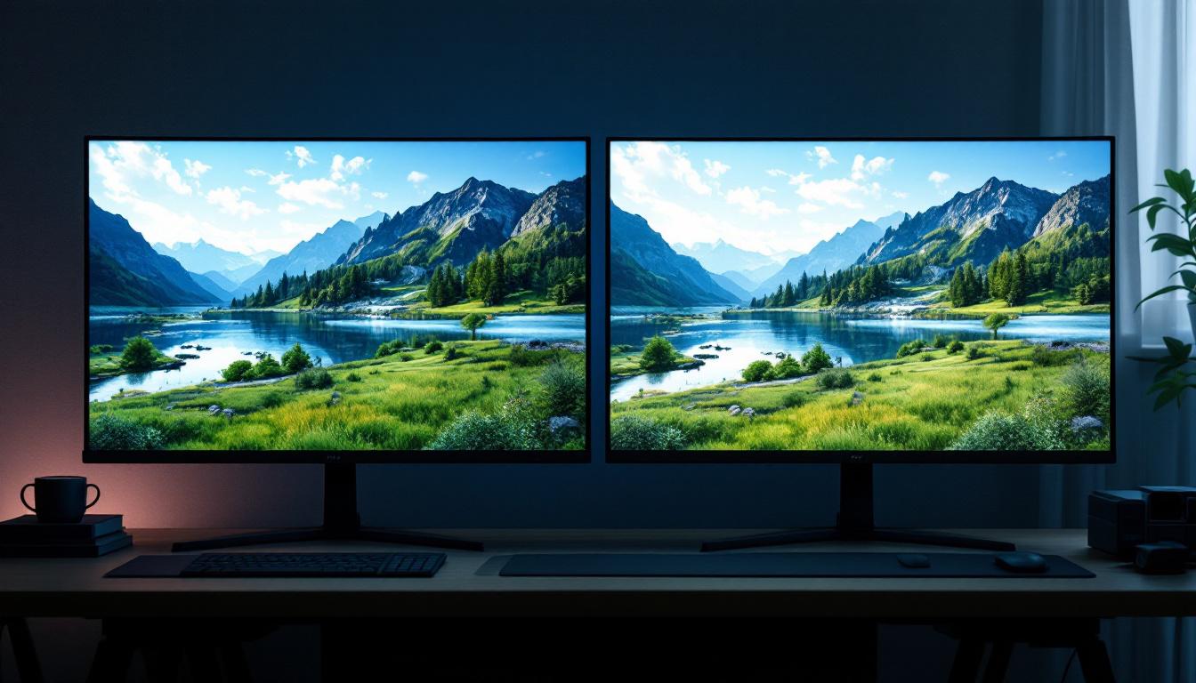 A photograph of a side-by-side comparison of two led displays showcasing the differences in resolution and color vibrancy between displayport 1.2 and 1.4