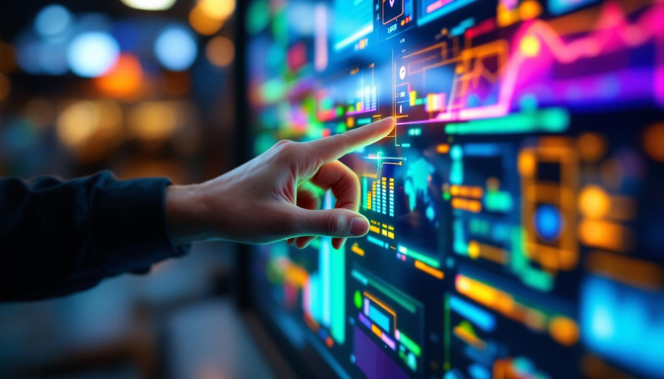 A photograph of a close-up shot of a vibrant led touch screen in use