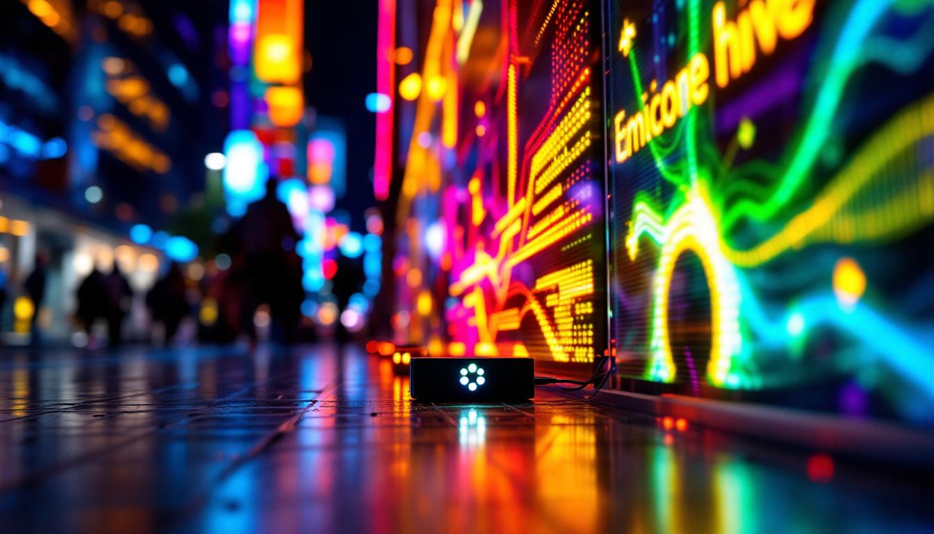 A photograph of a vibrant led display showcasing dynamic colors and patterns in an urban setting