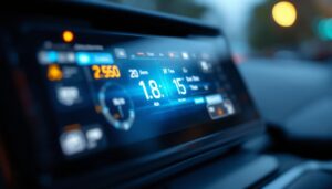 A photograph of a close-up shot of an led display panel from a vehicle dashboard
