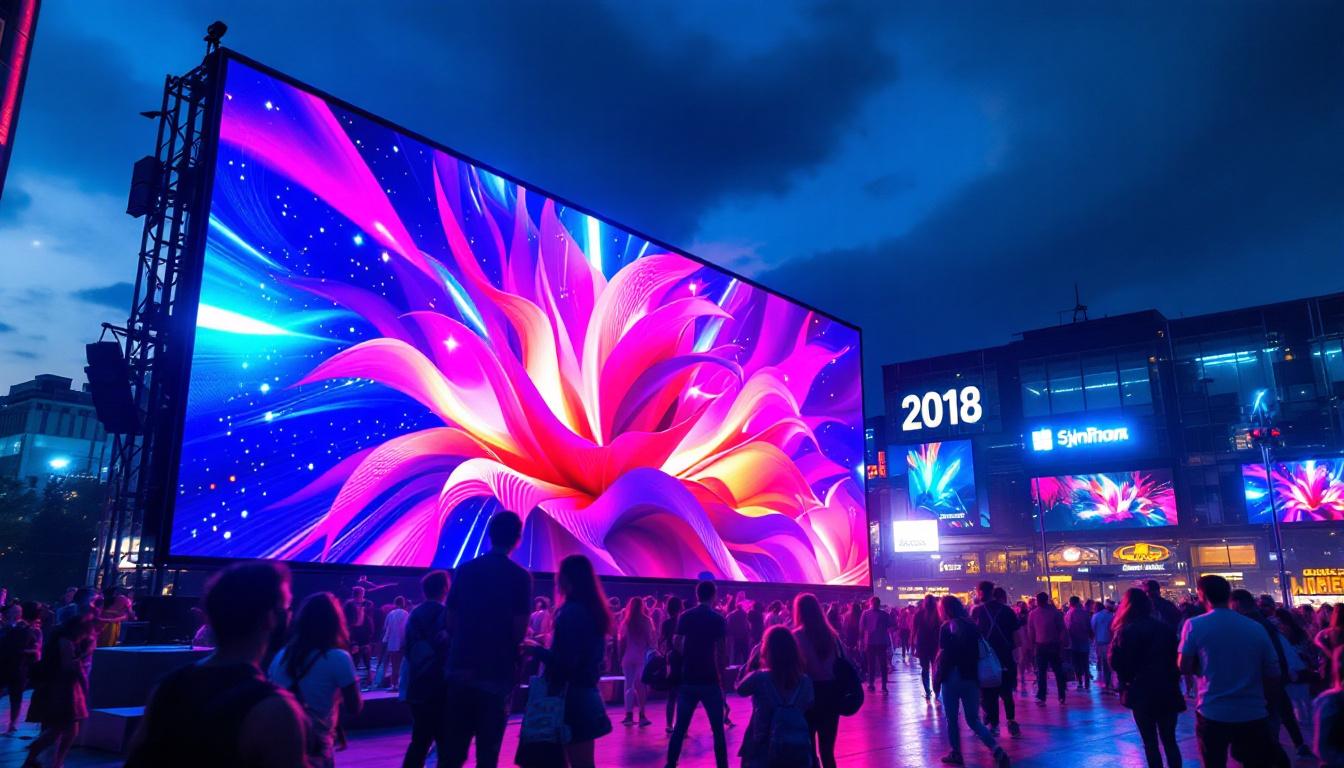A photograph of a vibrant led jumbotron display in an outdoor setting