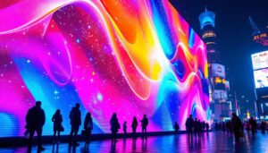 A photograph of a vibrant led display in an urban setting