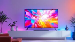 A photograph of a vibrant led television displaying a colorful