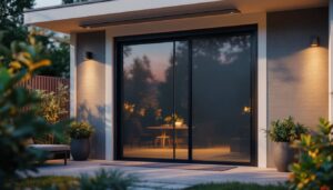 A photograph of a modern screen enclosure door featuring an integrated led display