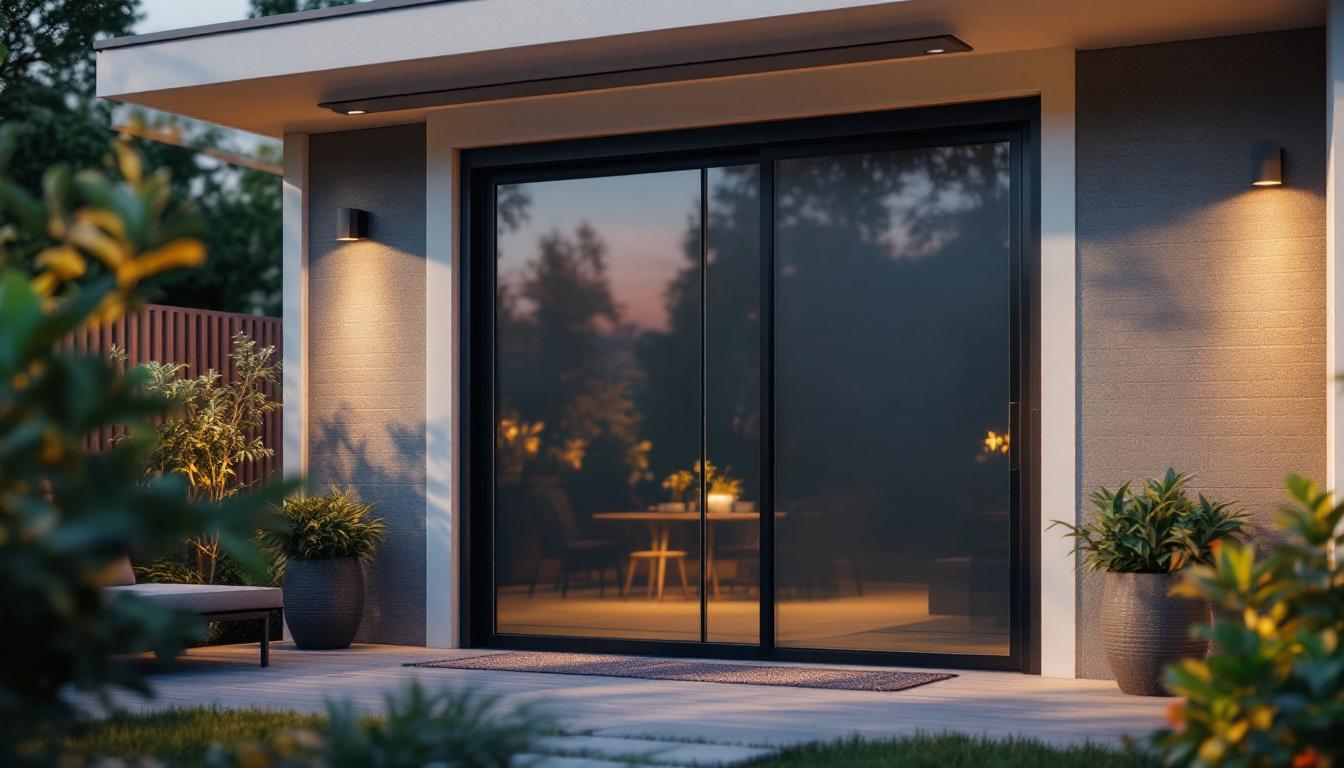 A photograph of a modern screen enclosure door featuring an integrated led display