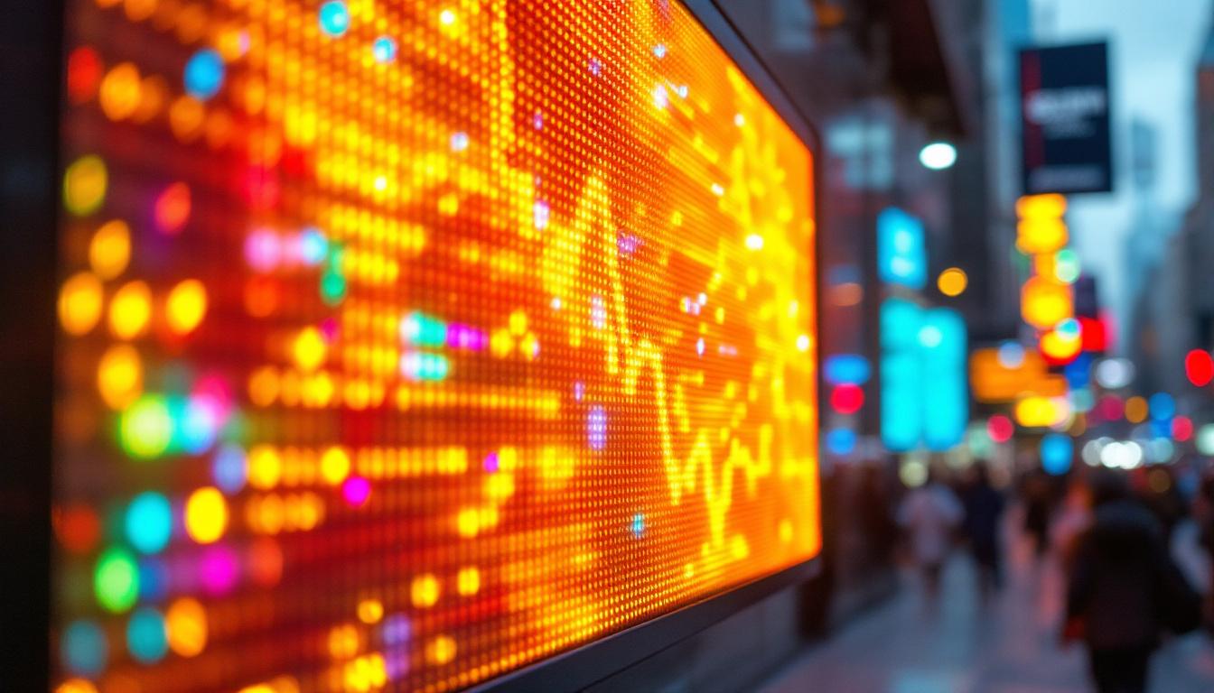 A photograph of capture a photograph of a vibrant led display in a busy urban setting