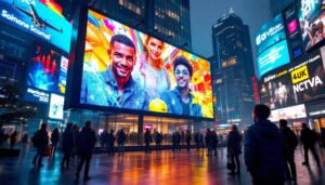A photograph of a vibrant led display in an urban setting